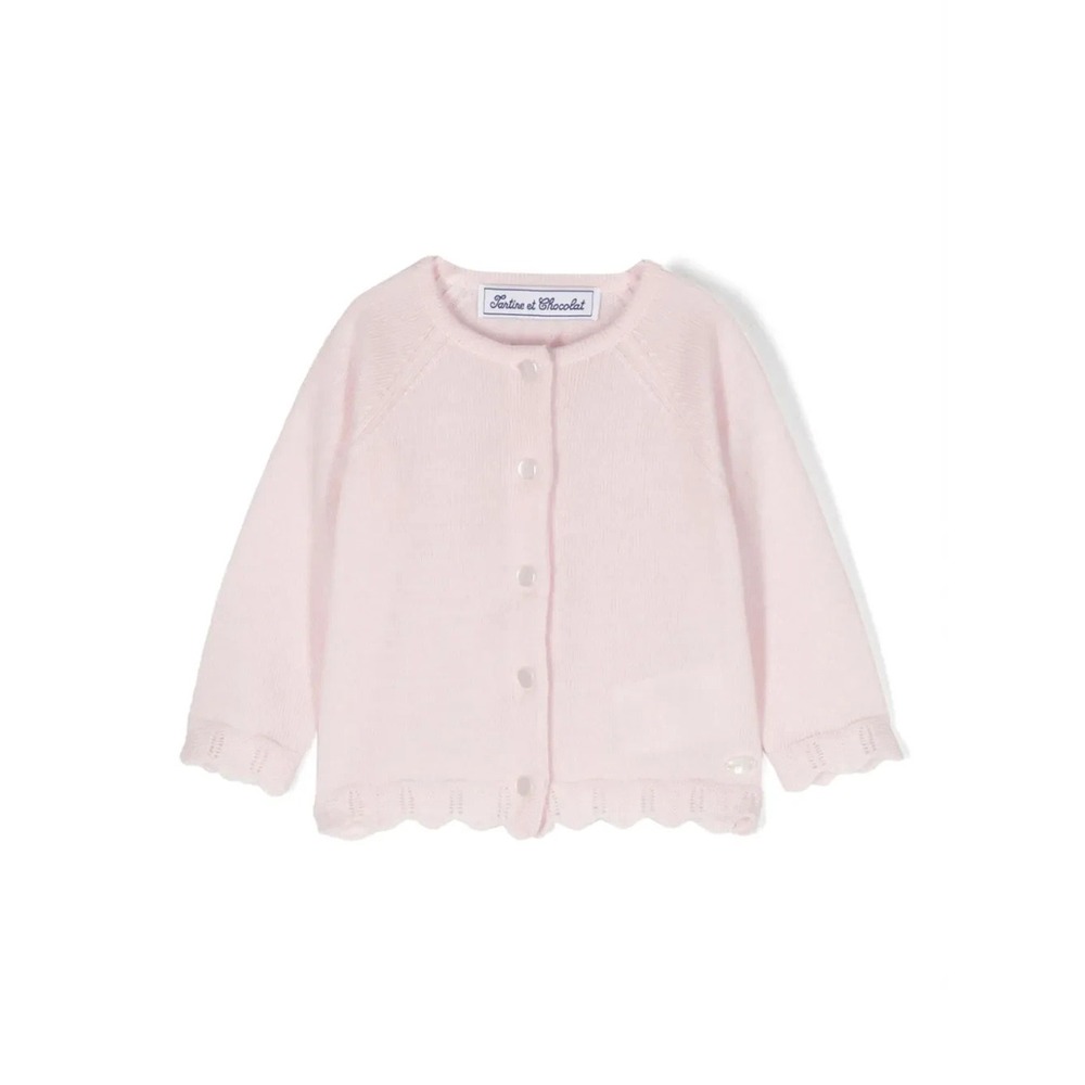 Tartine Et Chocolat scallop Pointelle cardigan sweater Pink Cotton Wool Knit  3